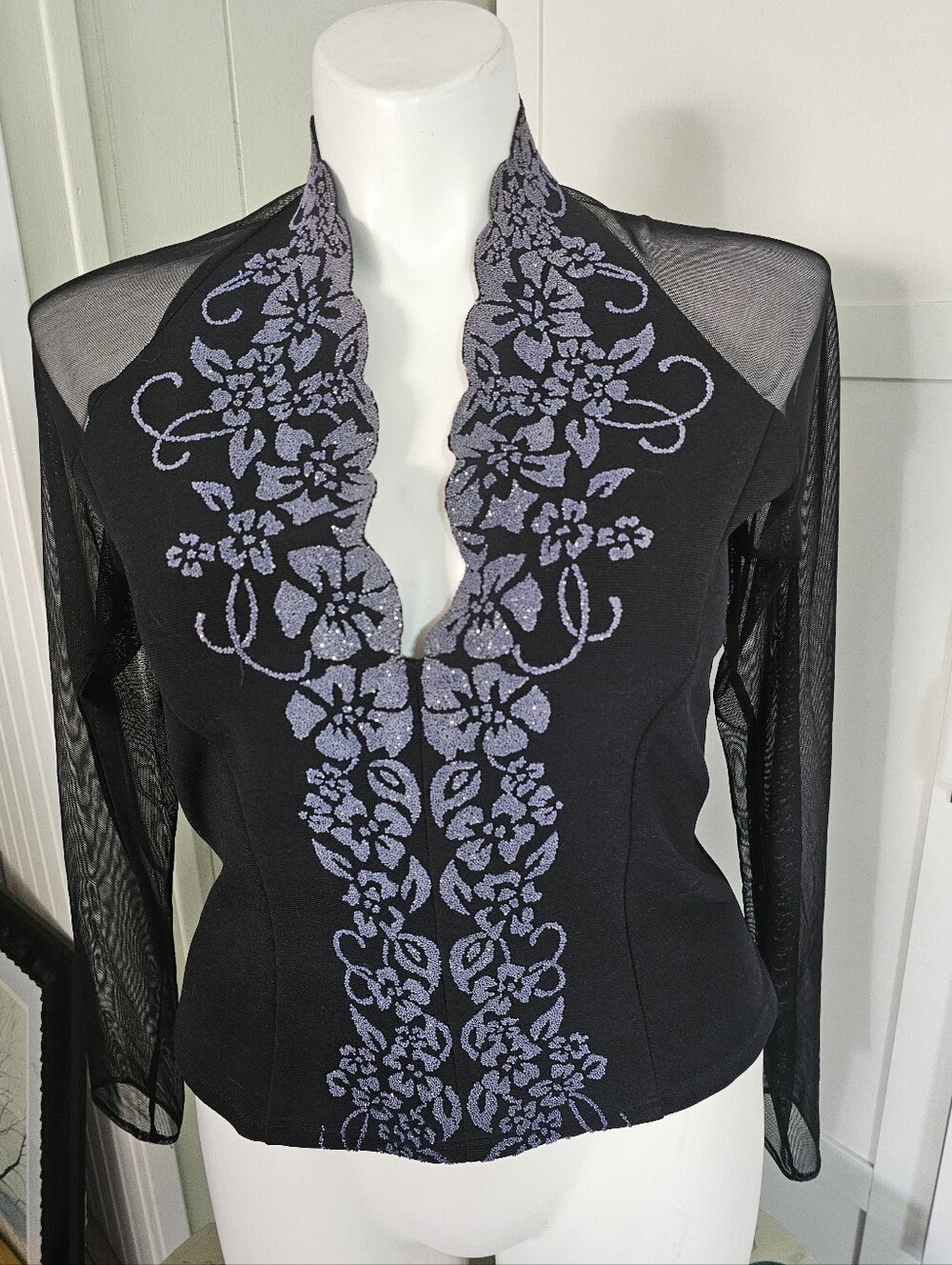 Vtg J.R. Nites Caliendo Black Sheer Mesh Sleeve Silver Embroidered Top Blouse 14